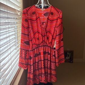 Vibrant Red-Pink Patterned Long Sleeve Mini Dress